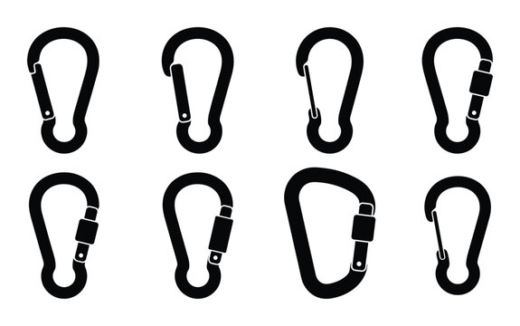 Black carabiner set vector illustration. Collection of climbing and safety clips and hooks, with spring closures and screw lock.