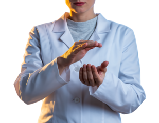 Professional in a white lab coat holds cupped hands in a protective gesture, illuminated by golden light, symbolizing, isolated on white background