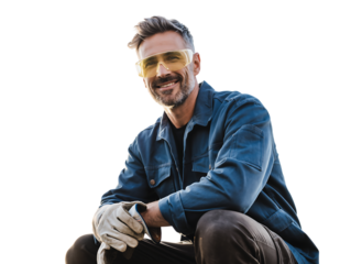 Smiling confident grey haired man with beard, wearing yellow safety glasses, blue work jacket, work gloves, looking at, isolated on white background