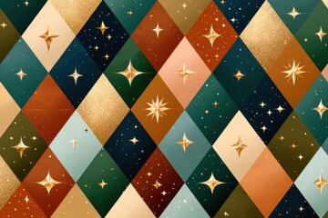 Abstract festive diamond pattern with stars and warm colors for holiday decor and design inspiration