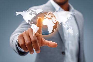 Global digital map touch technology concept with a businessman pointing at the world