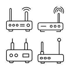 Different router designs in clean line art style for networking equipment