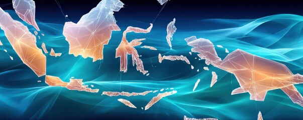 Global network map in blue holographic world with connecting lines and warm orange highlights