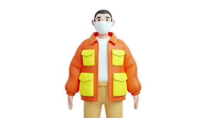 3D cartoon character wearing a mask and orange jacket