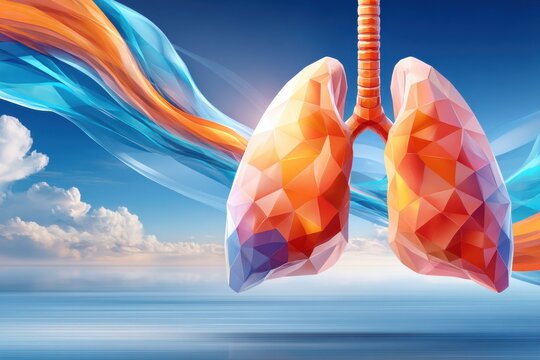 Vibrant low-poly lungs artwork against blue gradient background for health, science, and medical design
