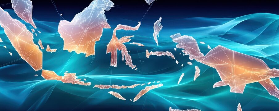 Global network map in blue holographic world with connecting lines and warm orange highlights - Powered by Adobe