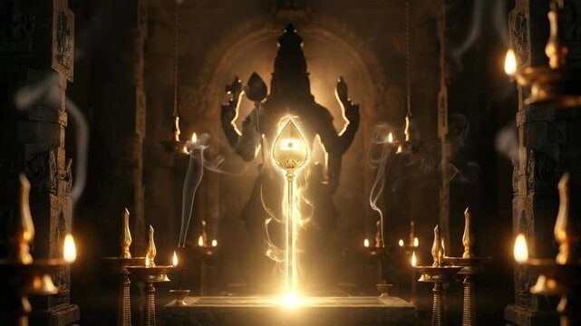 Mystical golden light radiates from the vel spear before lord murugan's silhouette in a dark thaipusam temple.