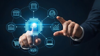 Business professional interacts with digital hologram displaying artificial intelligence concepts on a tablet in an office