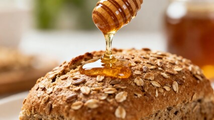Honey being drizzled onto a seeded whole grain bread roll