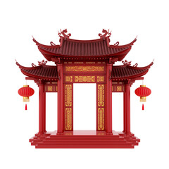 Fototapeta premium Traditional Chinese Temple Gate with Red Lanterns Isolated on White Background