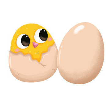 Cute cartoon chicken with an easter egg and feather on a white background smiling happily