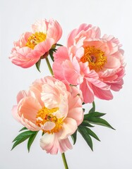 Obraz premium Three peach-colored peony flowers against white