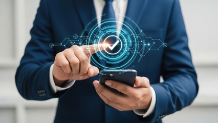 Businessman verifies digital information on smartphone with futuristic interface