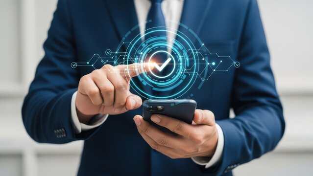 Businessman verifies digital information on smartphone with futuristic interface - Powered by Adobe
