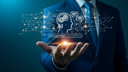 Businessman in a formal suit demonstrates innovative artificial intelligence technology with futuristic digital interface