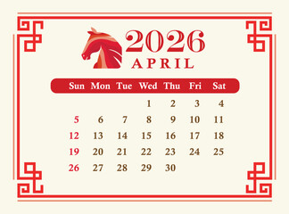 Elegant April 2026 calendar with red oriental frame, horse zodiac illustration, and clean date layout inspired by Asian design.