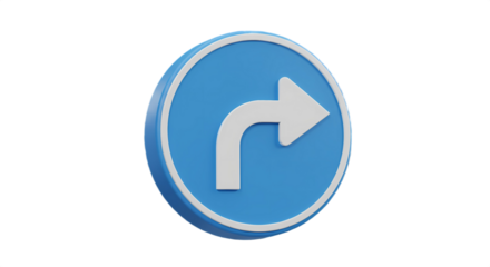 Blue circular road sign with white right turn arrow