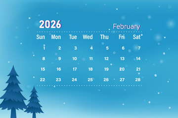 Minimal blue calendar design for February 2026 with clean typography, soft snow effects, and winter trees creating a calm seasonal layout