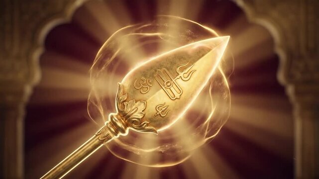 Golden vel of lord murugan, radiating divine light in a temple archway, symbolizing the thaipusam festival.