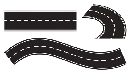 Black and white illustration of road segments straight curved and winding pathways © Ashok
