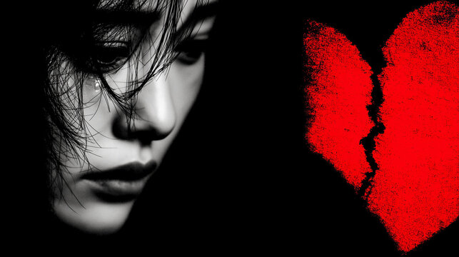 Close up a woman face sad mood , breaking red heart graphic is background , black and red color tone , dark valentine.