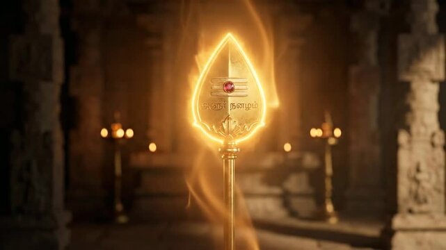 The mystical golden vel of lord murugan, dramatically glowing during thaipusam, is centered in a dark, ancient hindu temple.