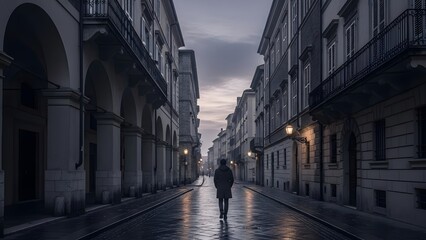 Fototapeta premium A lone figure walks down a dimly lit street between old buildings at dusk