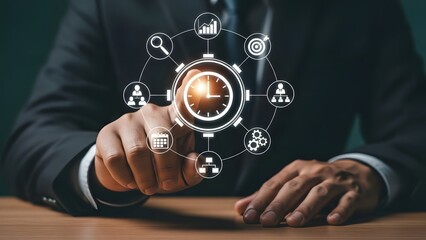 Businessman interacts with a futuristic digital interface displaying various data icons and a clock for time management