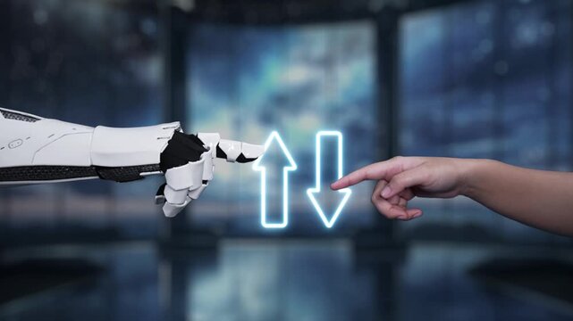 A futuristic representation showing a robotic hand and a human hand pointing at arrows indicating changes in quality and cost, signifying technology impact on business dynamics. Auvana