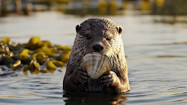 Adorable sea otter holding a shell in the water, looking at the camera.