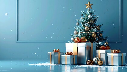 A festive scene with a decorated evergreen, star topper, and wrapped gifts, with snow. A blue wall with a molding is in the background