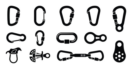 Climbing Gear Vector Icons Set, Carabiners, Belay Devices and Pulley Icons, Black Silhouettes © ProAssets