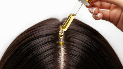 Close up of a dropper applying oil to a woman's scalp hair care scalp treatment