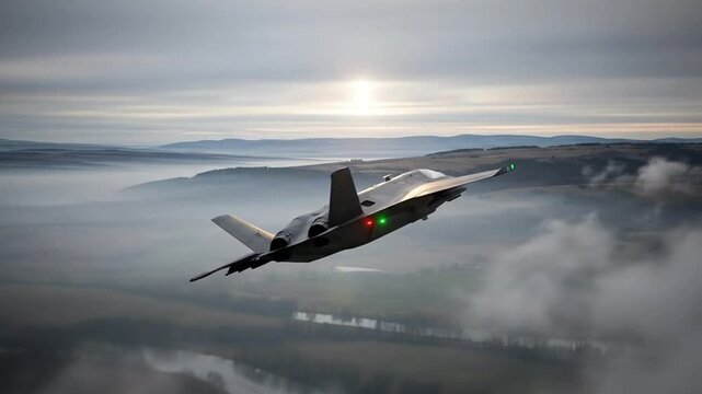 Futuristic military drone soars through a misty landscape at sunrise.