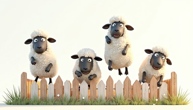 Four cartoon sheep jump over a wooden fence. These fluffy animals have fun in a sunny meadow with green grass. They leap and play in nature during daytime.