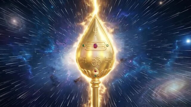 Majestic golden vel of murugan, the jeweled lance radiating divine power in a detailed cosmic illustration for thaipusam.