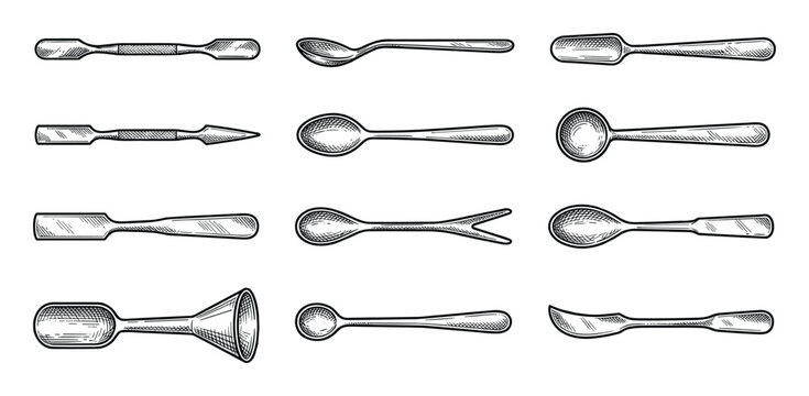Collection of vintage spoons and spatulas engravings vector illustration, retro kitchenware utensils and cooking tools