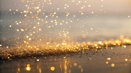 Golden sparkle particles float above sandy beach at sunset, creating magical and serene atmosphere