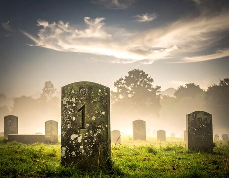 Atmospheric graveyard scene with a prominent, numbered headstone
