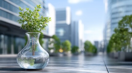 Fresh Green Plant in Clear Vase on Modern Urban Street with Skyscrapers Background and Natural Light Enhancement