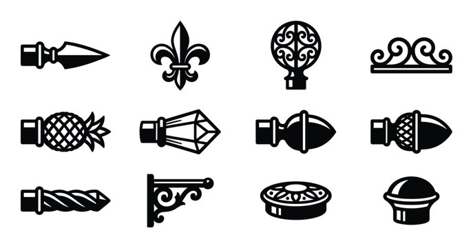 Curtain finials vector icons collection in black and white, decorative home decor elements set