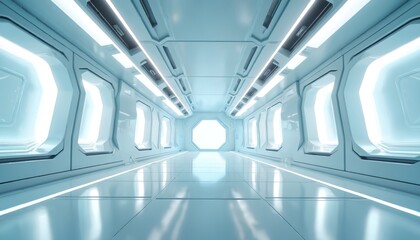 Futuristic spaceship corridor interior with bright blue and white glowing lights. Clean, sterile hallway leads to octagonal exit with bright light source. Modern minimalist sci-fi architecture.