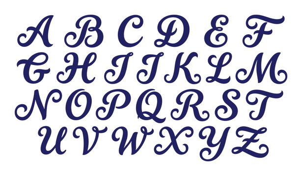 Dark blue cursive alphabet letters uppercase, elegant typography set