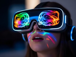 Young Woman Immersed in Virtual Reality Experience with Vibrant Neon Lights Reflecting on Face and Headset in Dark Setting