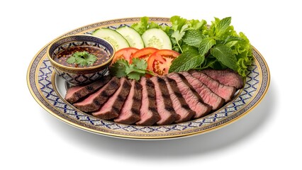 Authentic Thai Grilled Beef Salad with Spicy Dipping Sauce on a Traditional Plate, Isolated on White Background with Copy Space