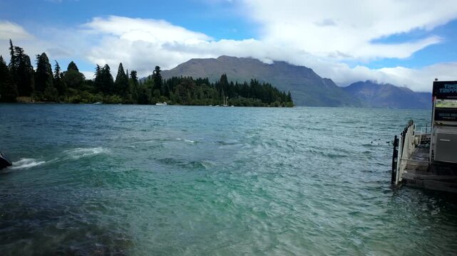 Mountain lake view from pier in New Zealand