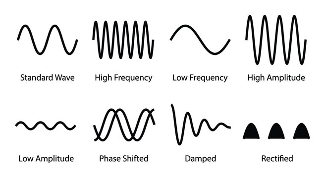 Different types of waveforms with labels: standard, high, low frequency, amplitude, phase shifted, damped, and rectified.