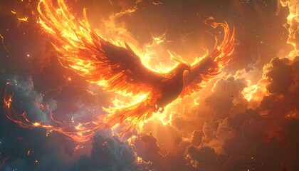A majestic bird of fire soars through a radiant, cloudy sky. Its wings are outstretched, surrounded by flames and celestial light