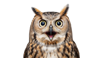 Close-up of a surprised brown and black long-eared owl with wide eyes and open beak on a white background