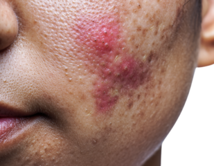Close up of severe acne, inflamed pimples, dark spots, and visible pores on skin, showing oily texture on the, isolated on transparent background